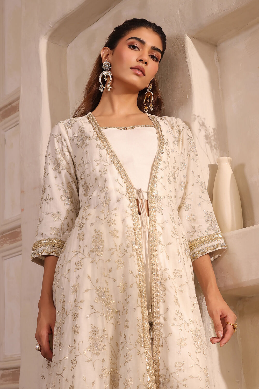 Natural White Embroidered Anarkali Fusion Set image number 1