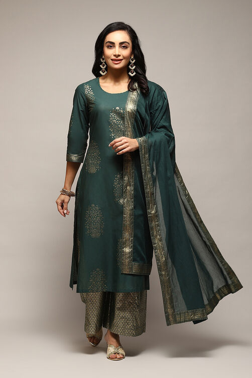 Navy Blue Cotton Straight Printed Kurta Capri Suit Set image number 7