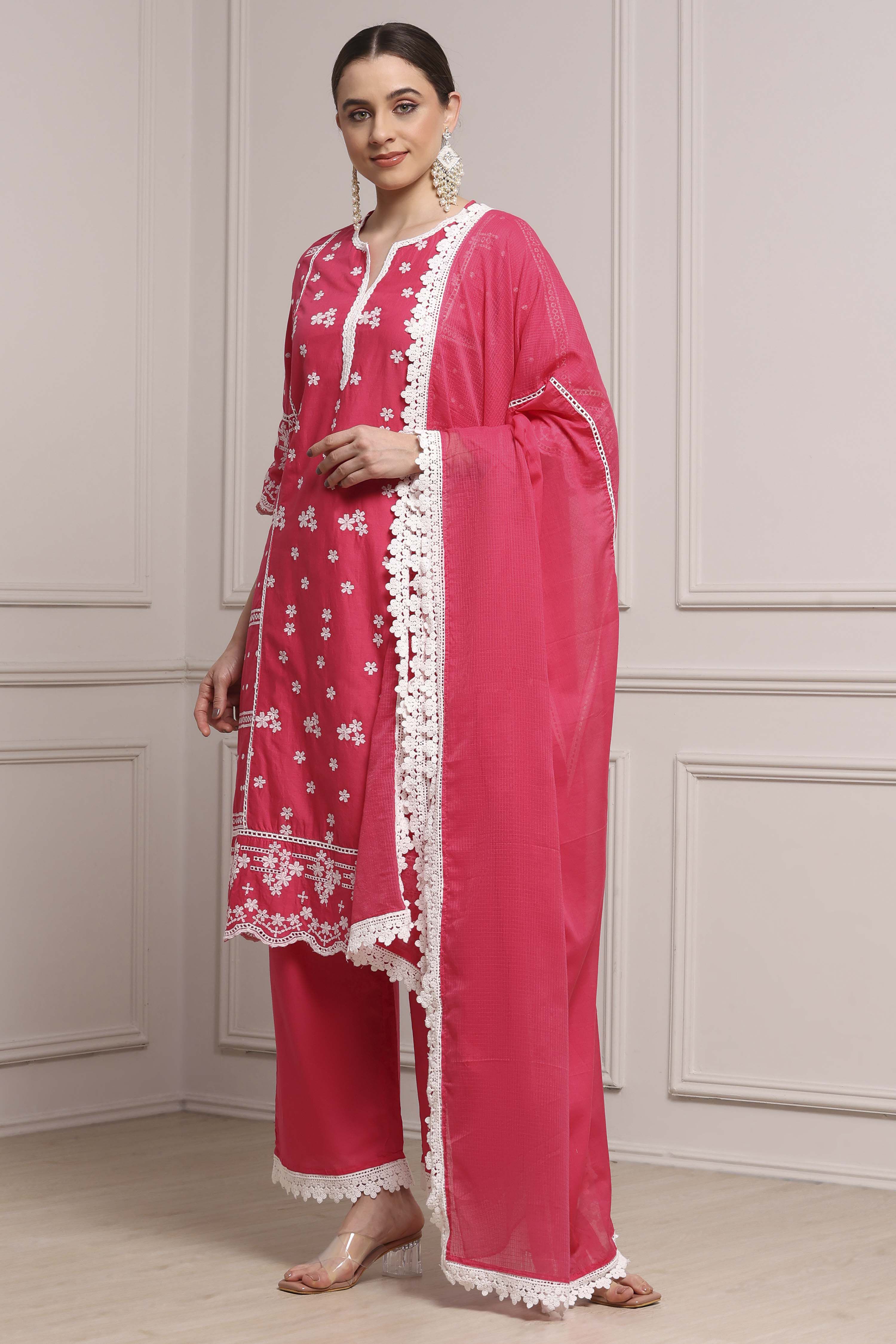 Fuchsia Cotton Embroidered Straight Suit Set image number 3