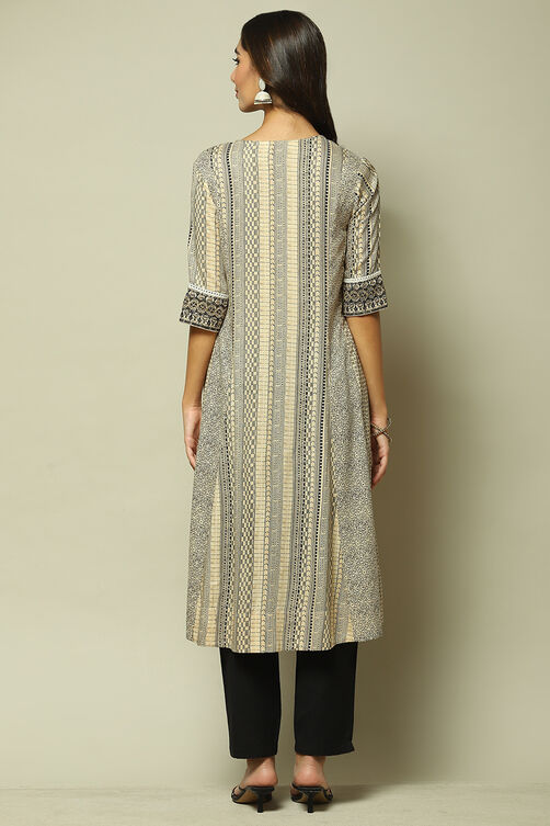 Beige & Black LIVA Straight Printed Kurta image number 4