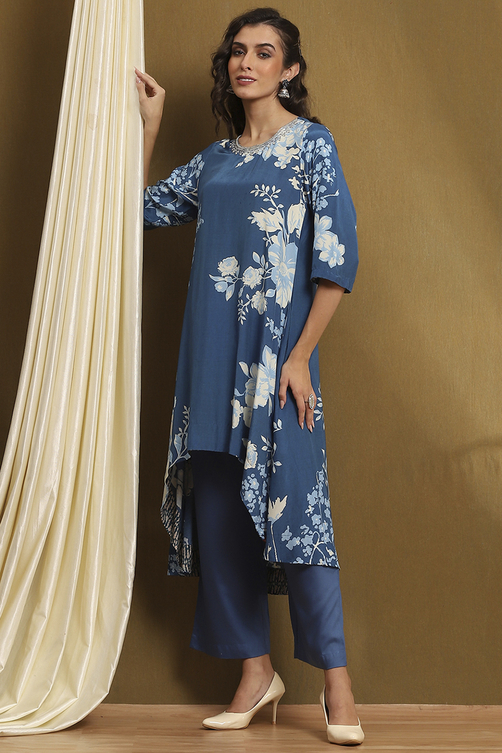 Coral Modal Floral Printed Asymmetric Kurta Set image number 6