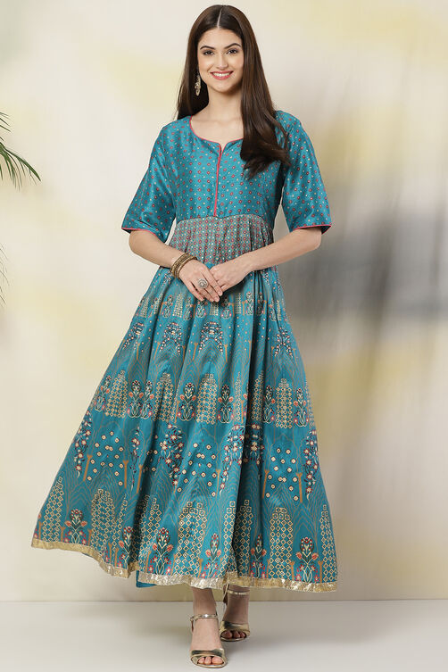 Turquoise Anarkali Art Silk Printed Kurta image number 2