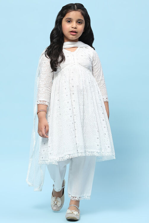 White Cotton Viscose Khadi Print Gathered Suit Set image number 7