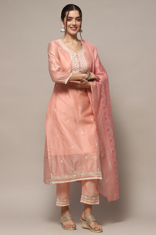 Baby Pink Chanderi Blend Unstitched Suit set image number 8