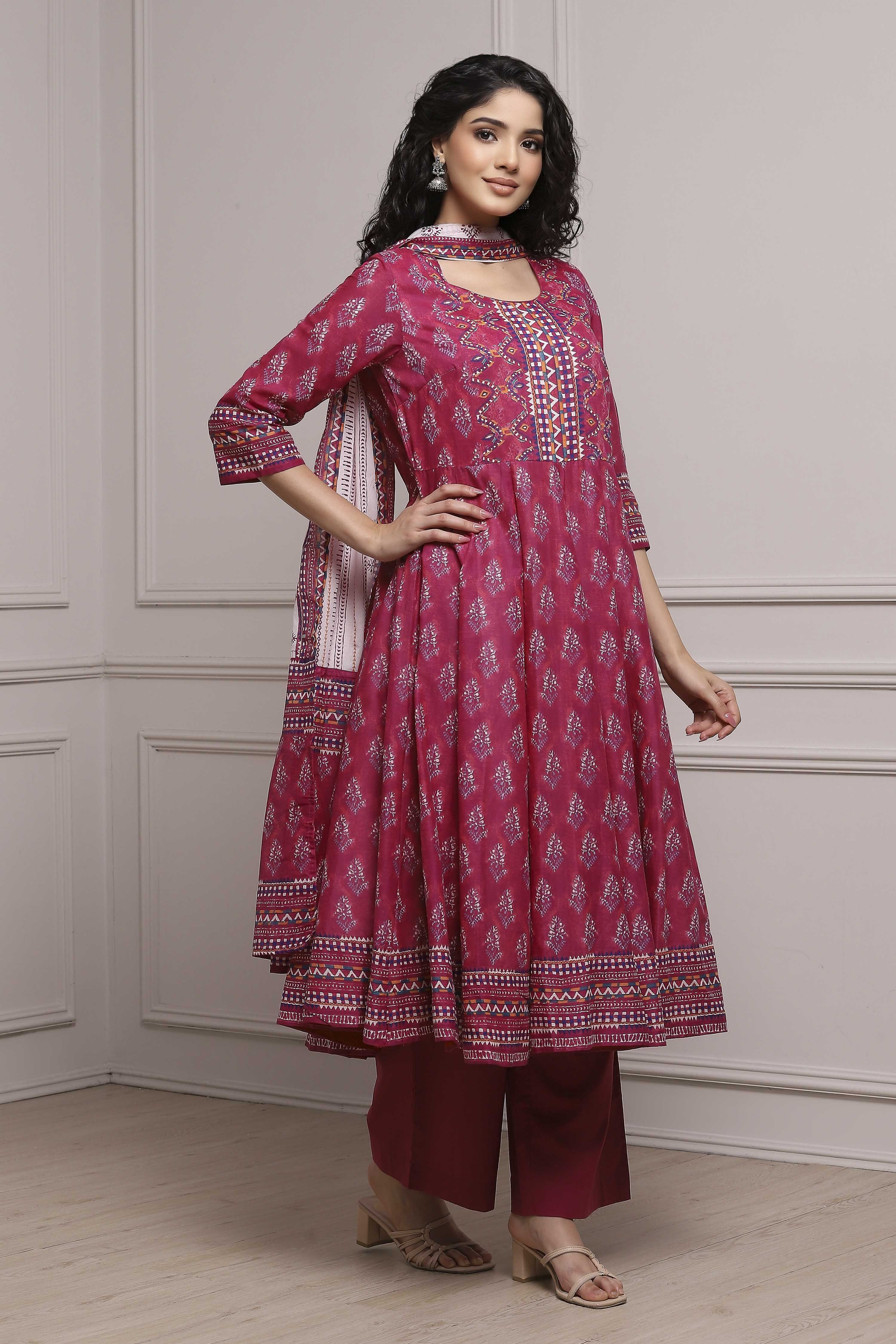 Magenta Cotton Printed Anarkali Suit Set image number 5