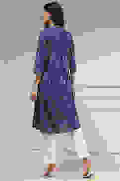 Blue Cotton Ikat Straight Kurta image number 3