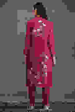 Rohit Bal Maroon Silk Chanderi Floral Straight Suit Set image number 4