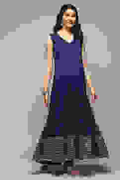 Navy Cotton Blend Layered Kurta Churidar Suit Set image number 1