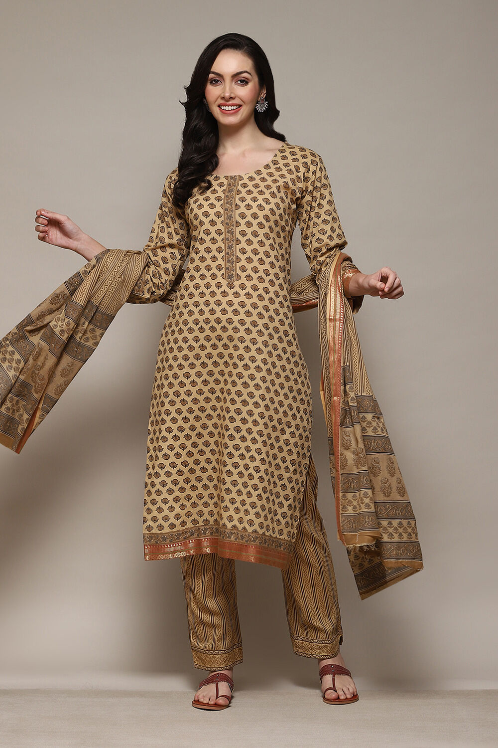 Coffee Brown Cotton Machine Embroidered Unstitched Suit Set image number 1