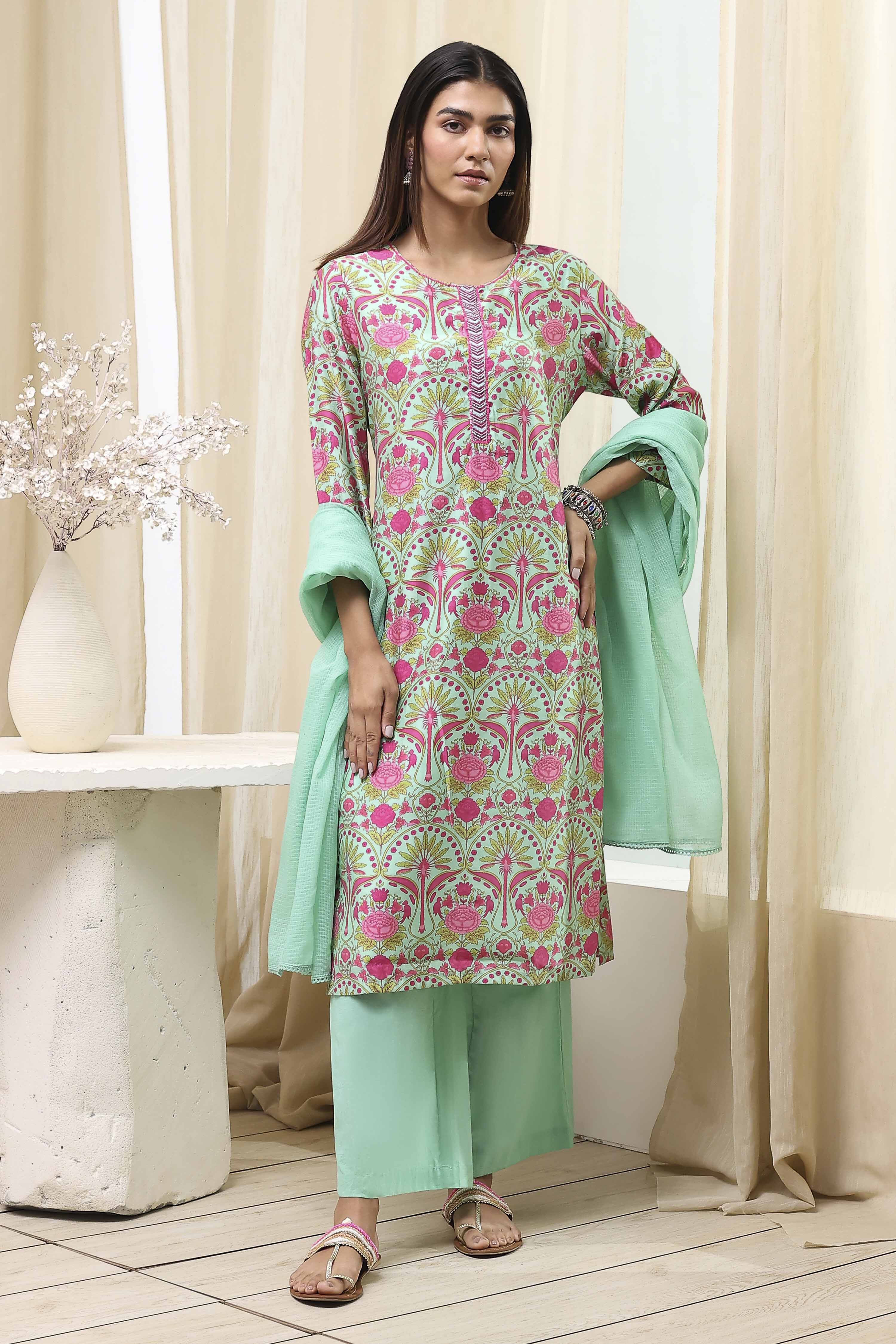 Sea Green Printed Straight Suit Set image number 6