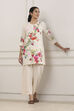 Beige Cotton Floral Schiffli Work 3 Piece Straight Suit Set