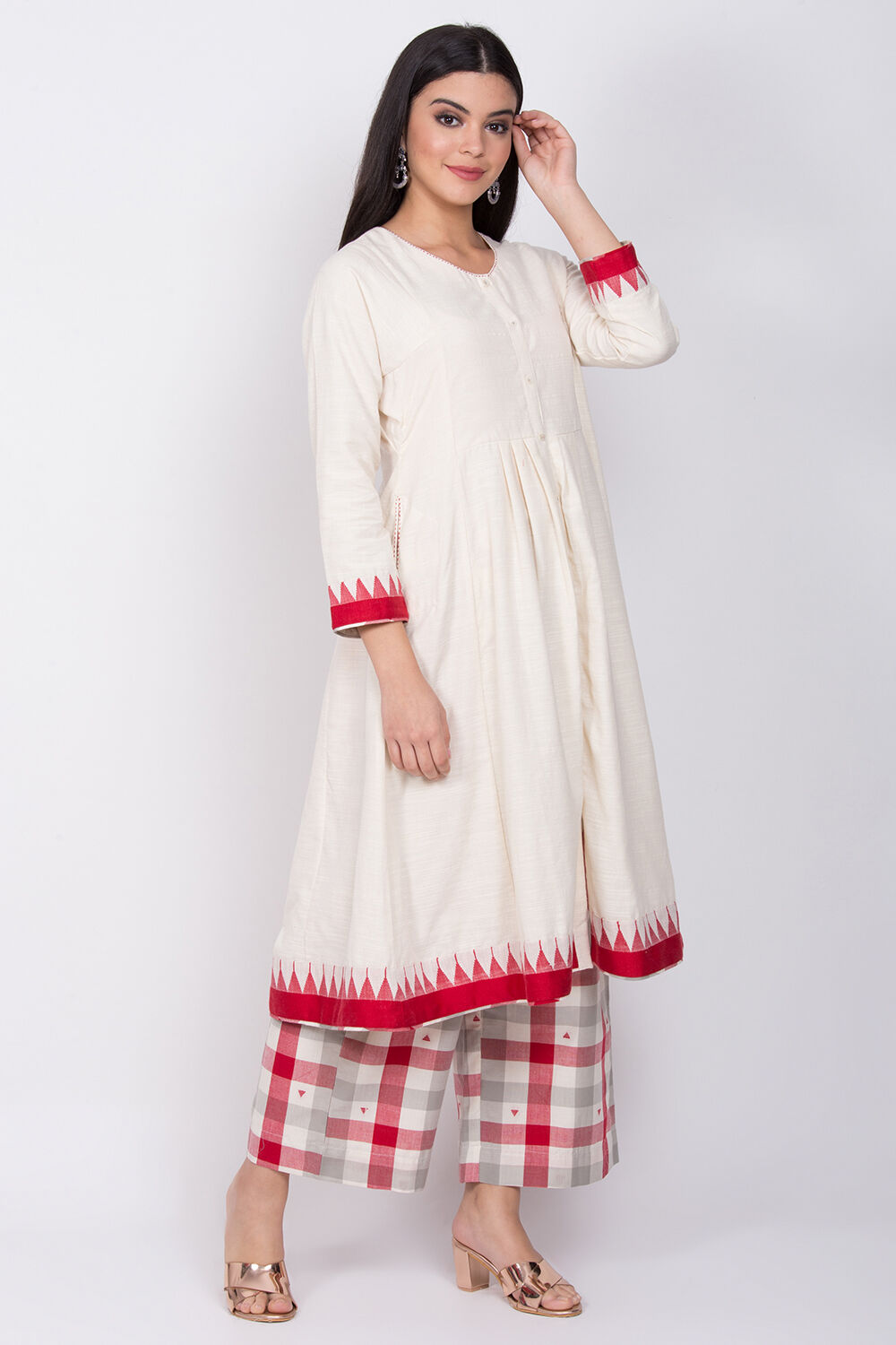Ivory Eco Cotton Front Open Kurta Palazzo Suit Set image number 4