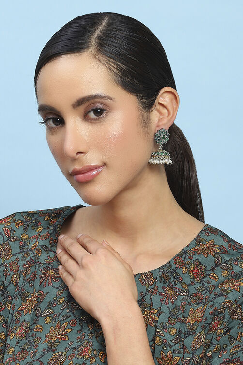 Green Stone-Studded Oxidised Jhumkas image number 3