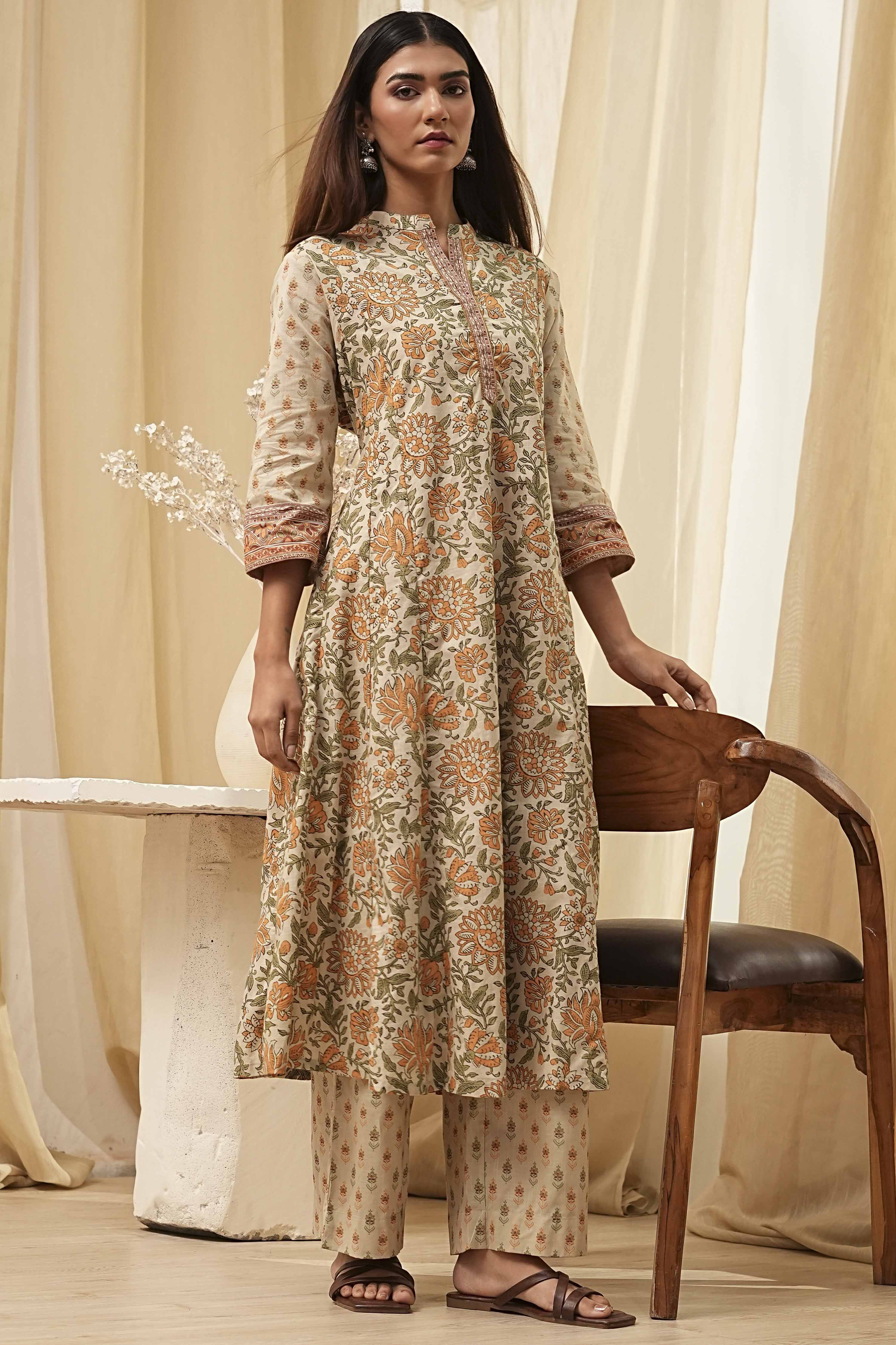Beige Pure Cotton Floral Kalidar Kurta Set image number 0