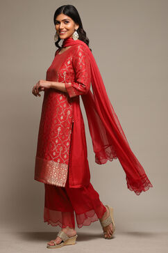 Rust Viscose & Metallic Straight Kurta Palazzo Suit Set image number 5