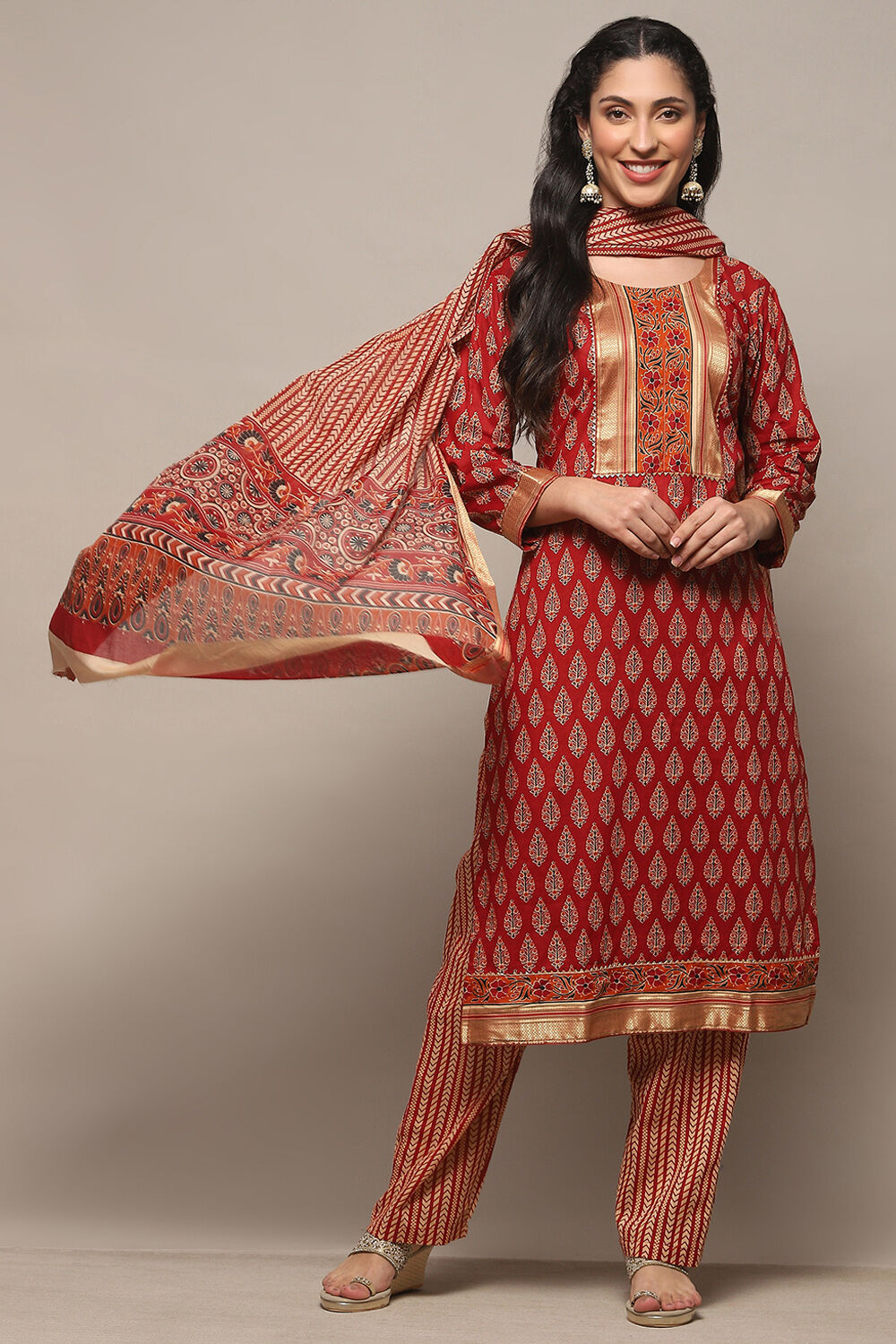 Red Cotton Unstitched Suit Set image number 1