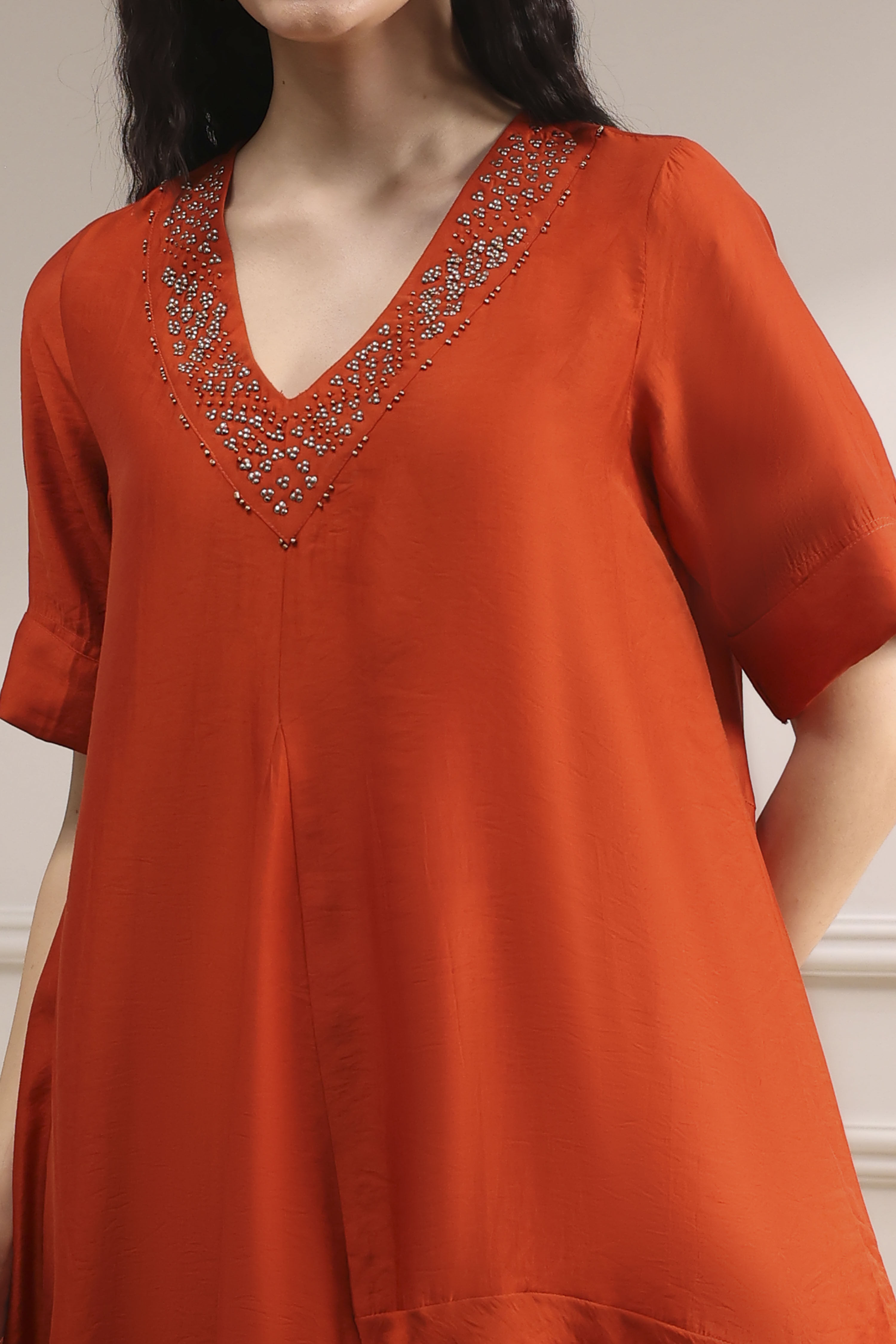 Burnt Orange Dyed Asymmetric Kurta Set image number 1