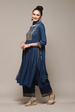 Teal LIVA Gathered Kurta Palazzo Suit Set image number 5