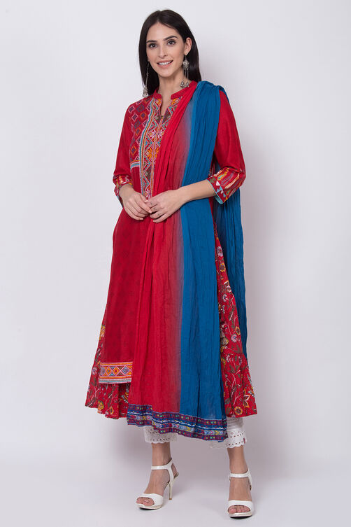 Blue And Red Cotton Solid Dupatta image number 0