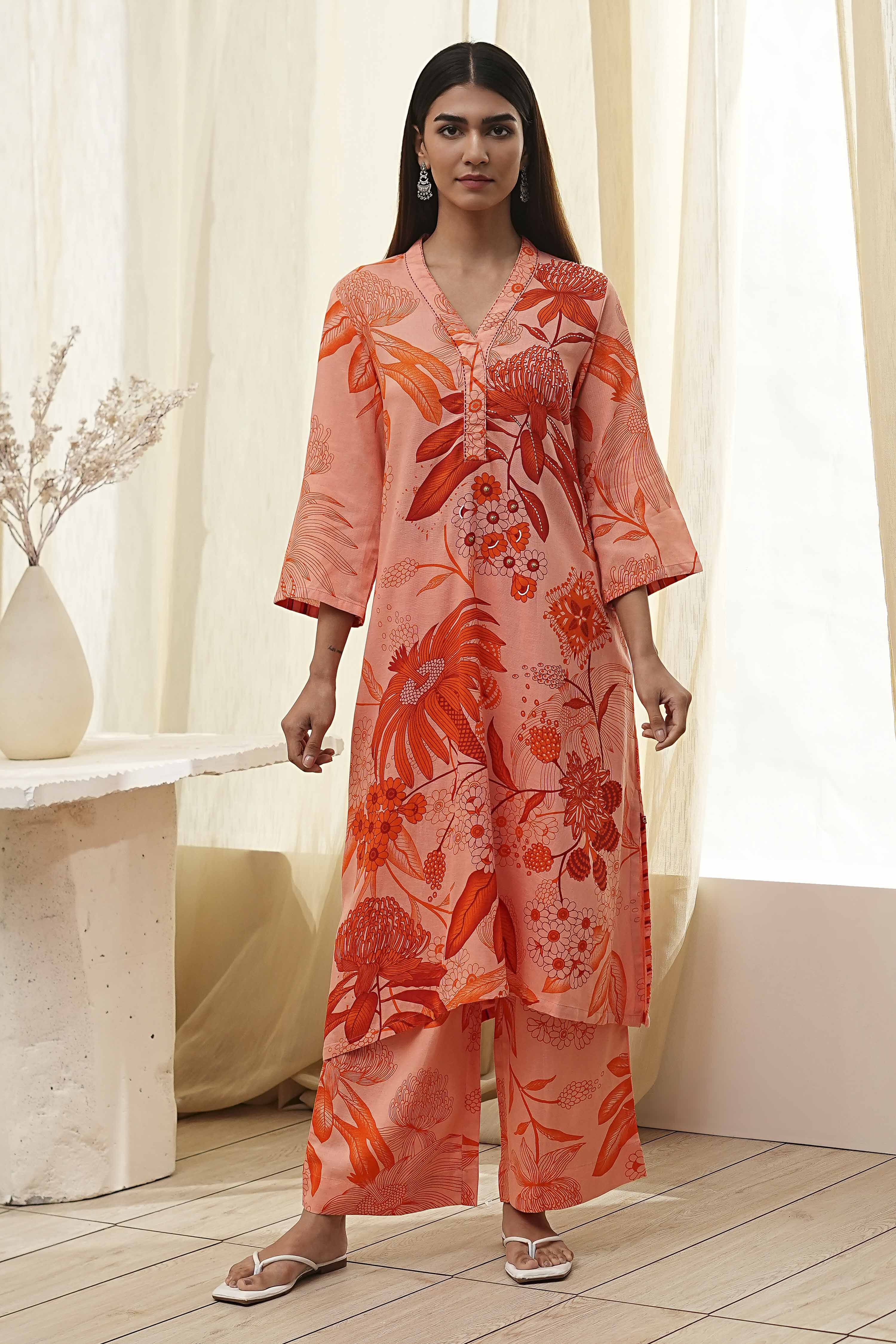 Peach-Colored Floral Straight Kurta Set image number 6
