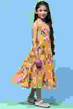 Yellow Printed Strappy Cotton Tiered Dress image number 4