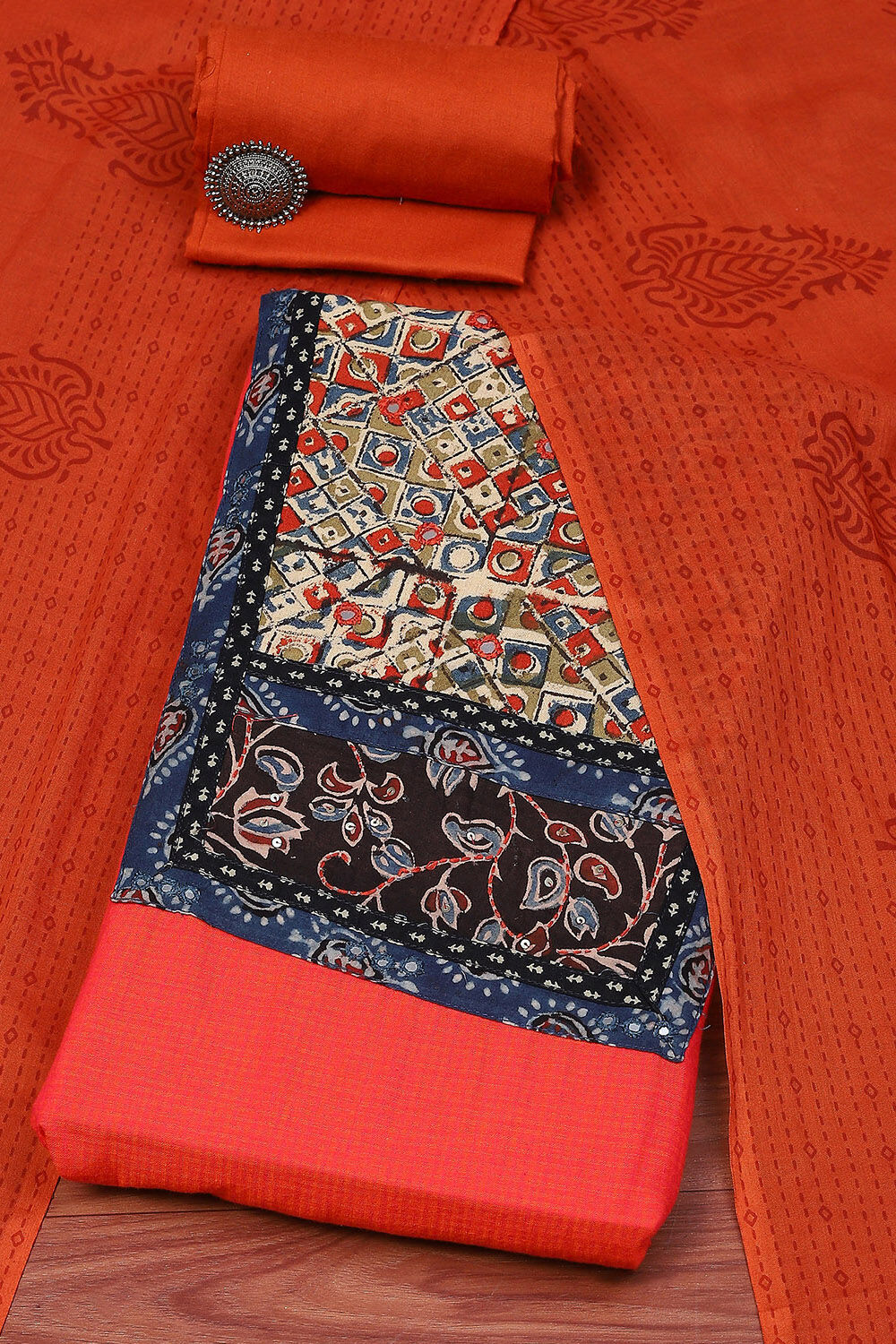 Red Cotton Unstitched Suit Set image number 0