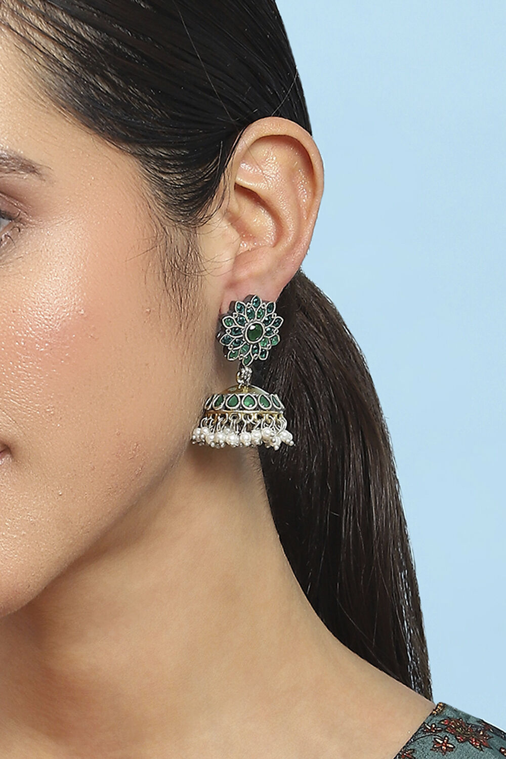 Green Stone-Studded Oxidised Jhumkas image number 1