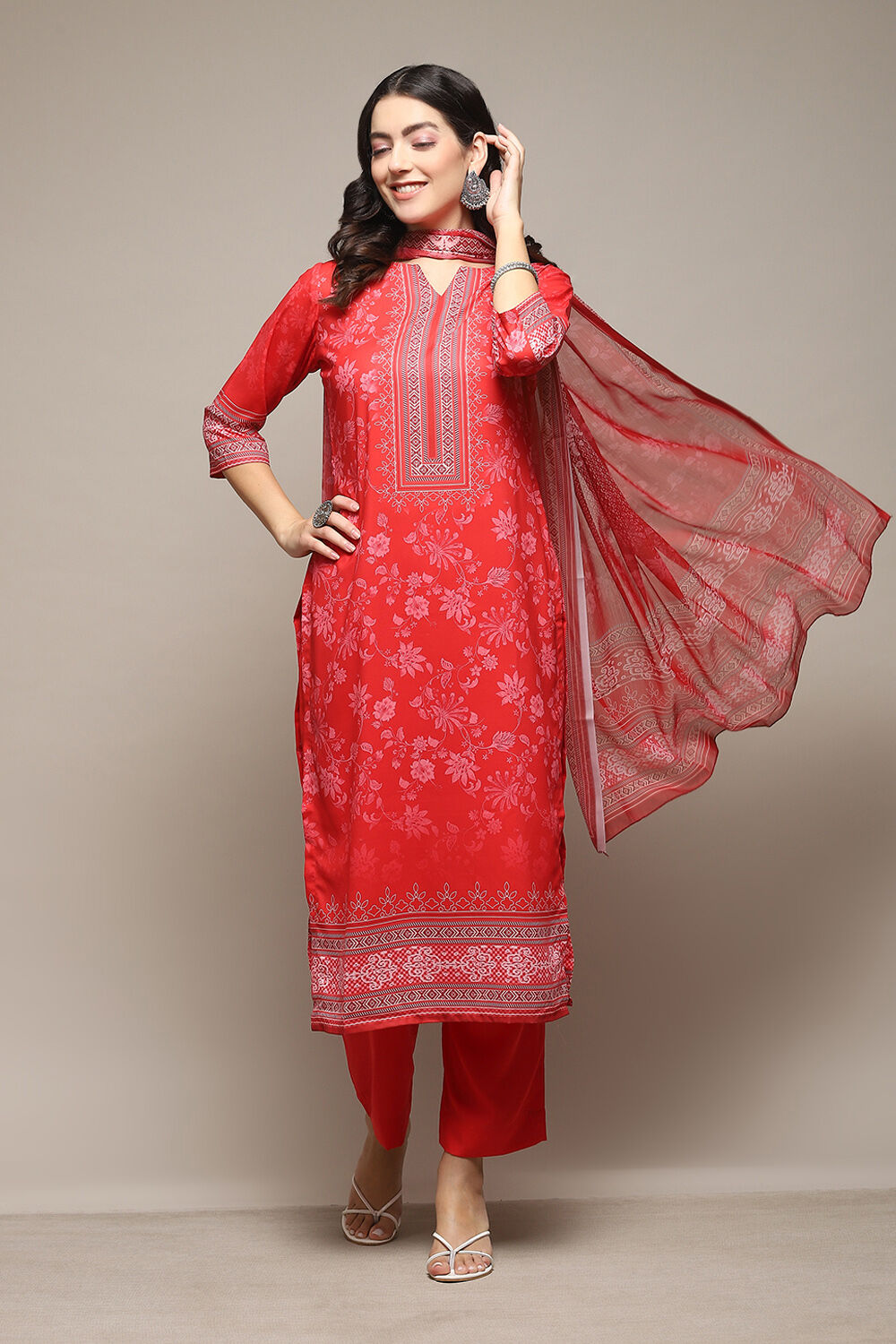 Red Silk Blend Digital Print Unstitched Suit Set image number 1