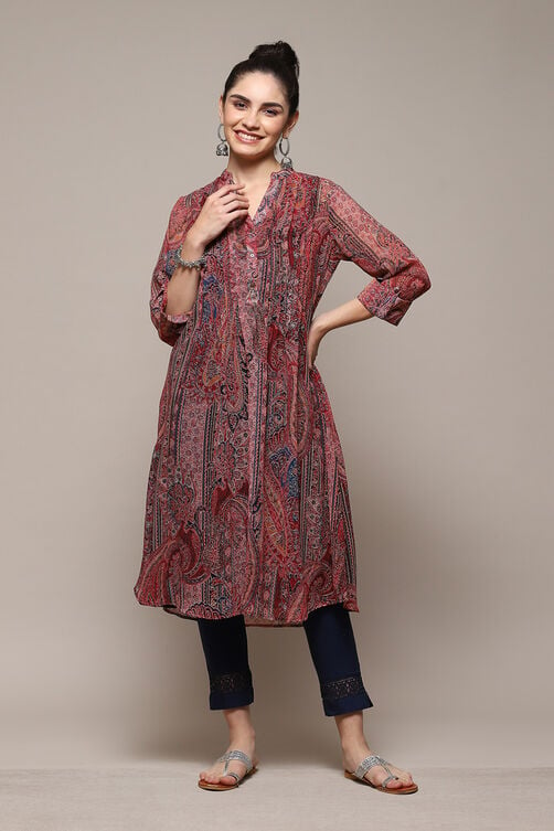 Red & Blue Polyester Straight Printed Kurta image number 6