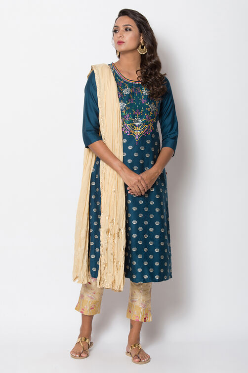 Navy Blue Cotton Straight Printed Kurta image number 2