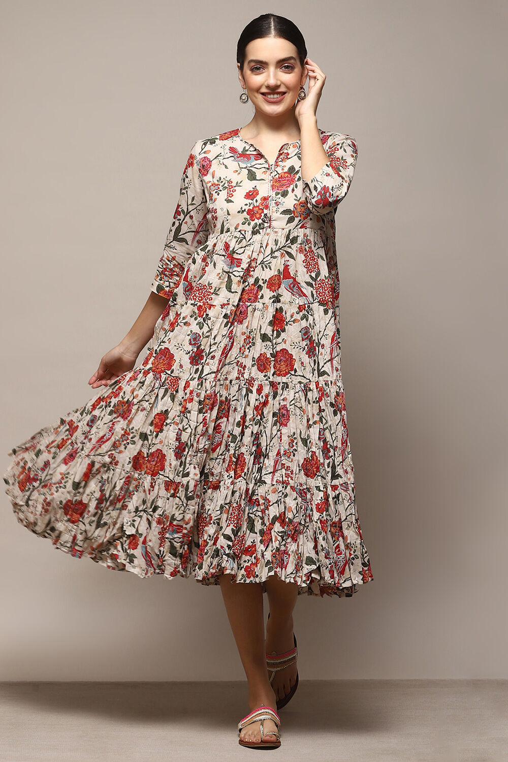 Green & Maroon Cotton Flared Printed Dress image number 2