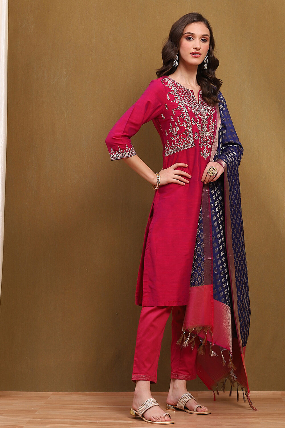 Magenta Floral Embroidered Festive Straight Suit Set image number 5