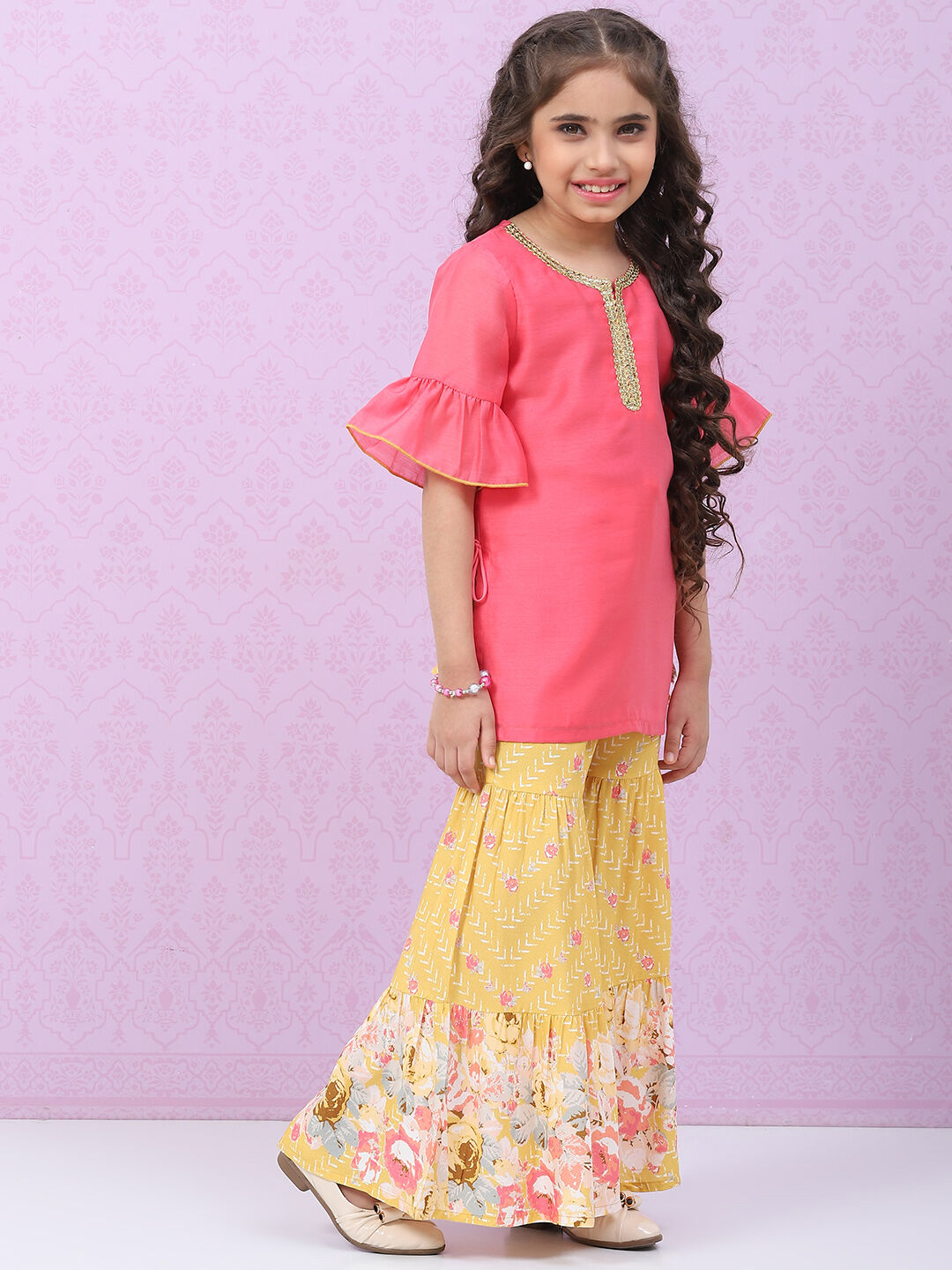 Pink & Yellow Art Silk Straight Kurta Set image number 5
