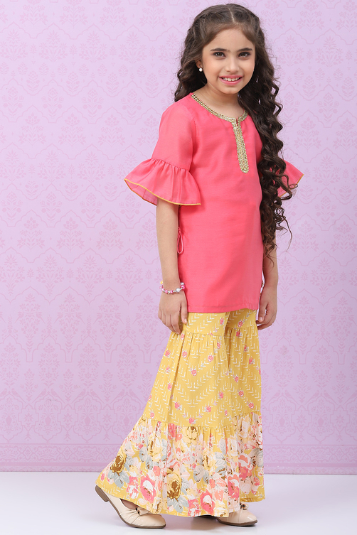 Pink & Yellow Art Silk Straight Kurta Set image number 5