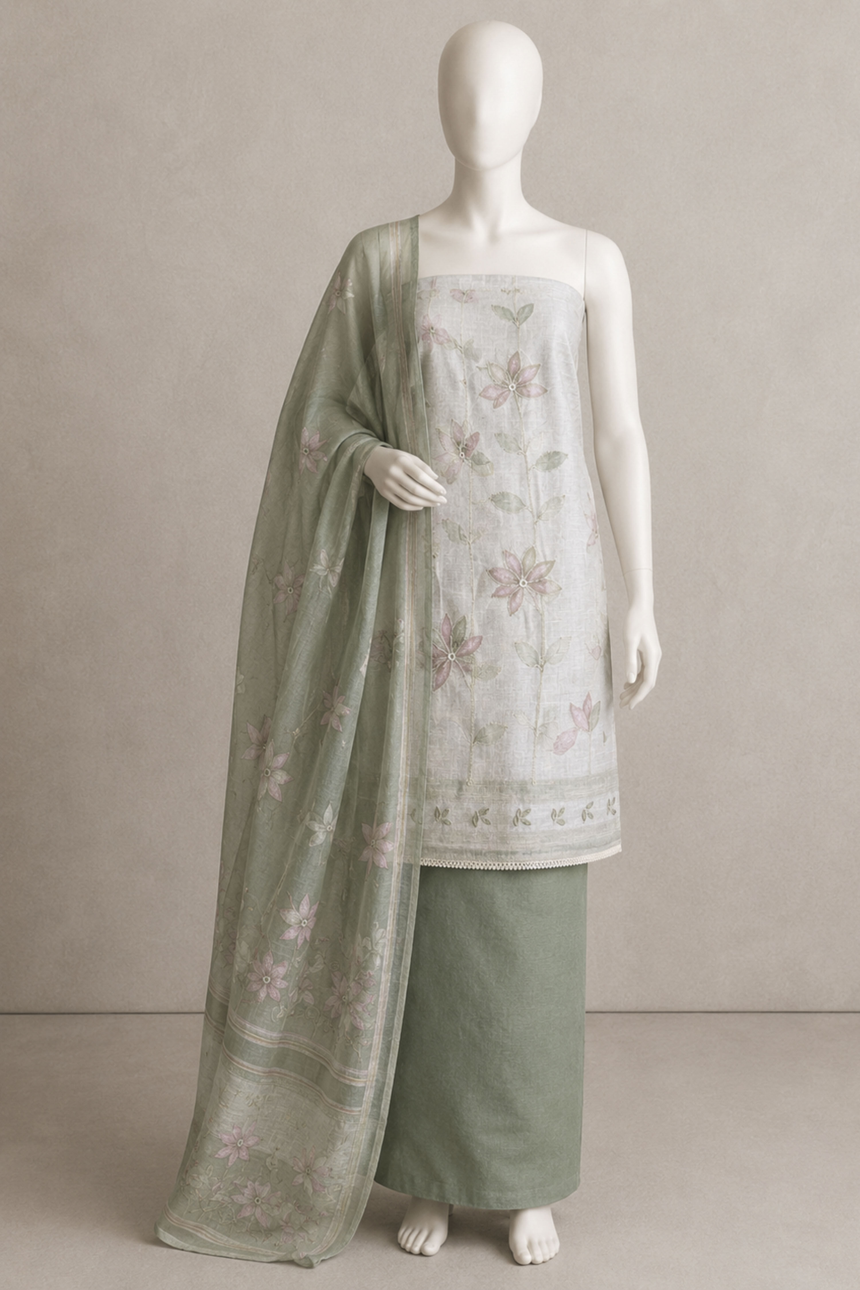Peach Linen Printed Unstitched Suit Set image number 6