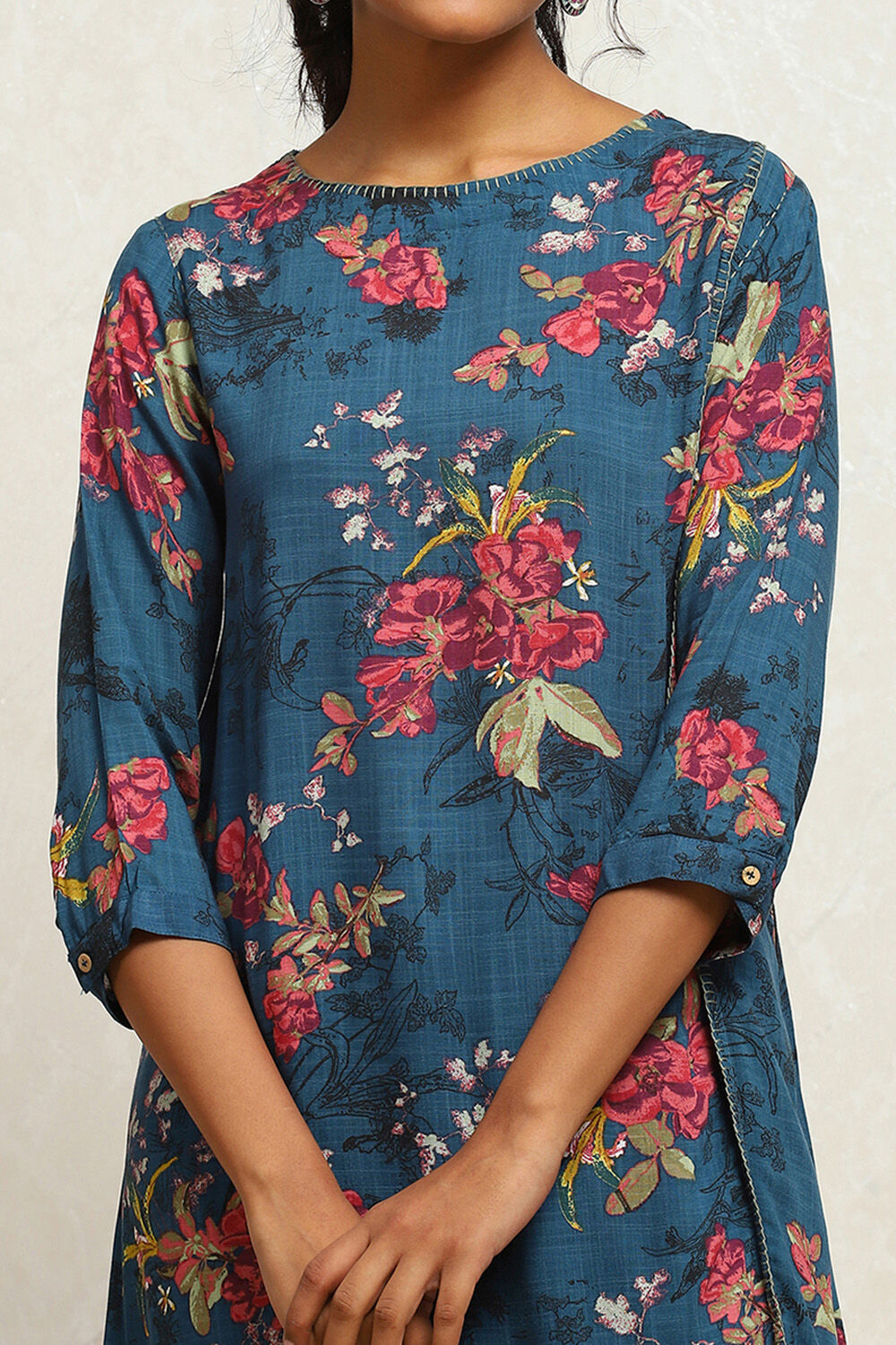 Teal Blue Printed A-Line Suit Set image number 1