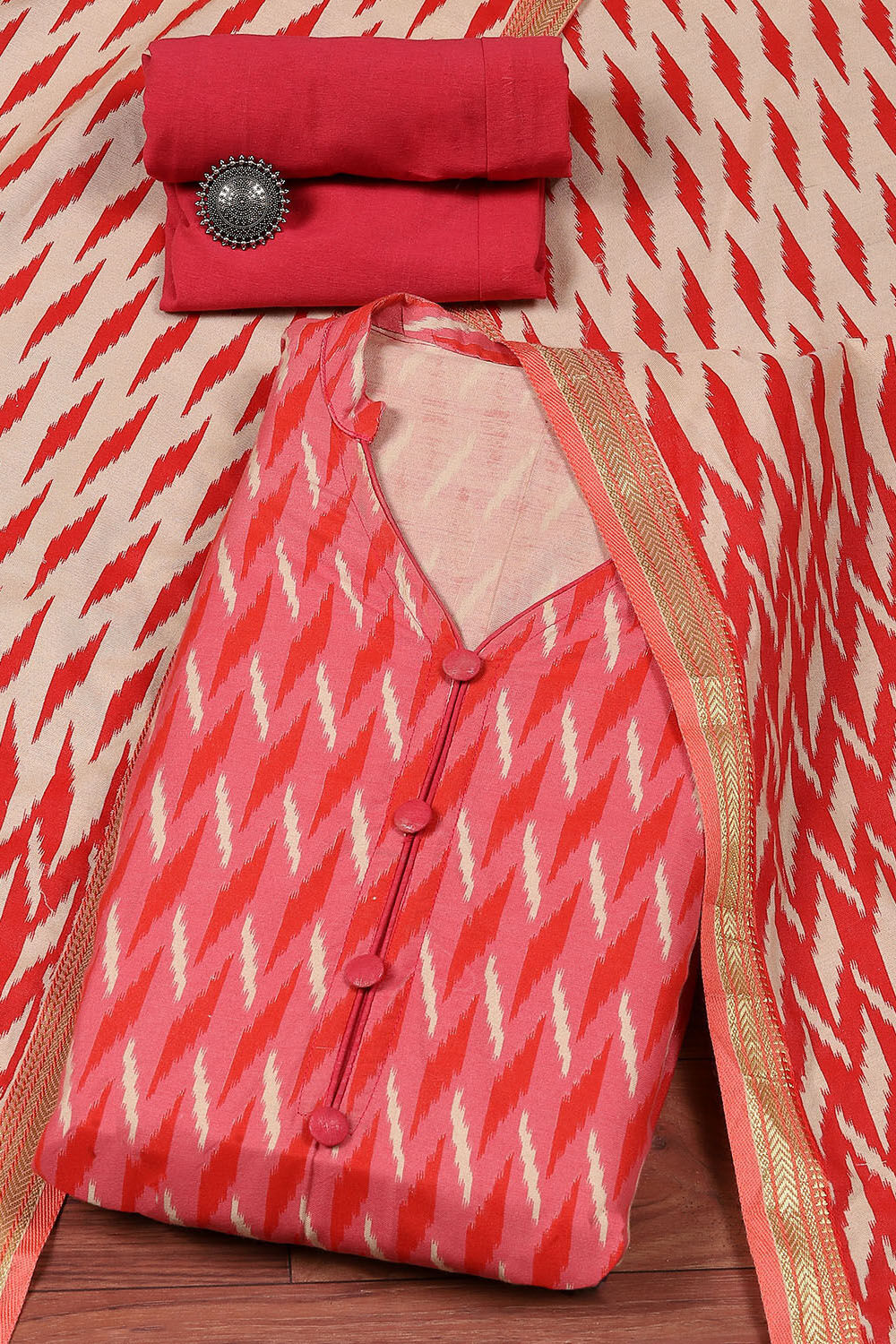 Pink Cotton Handloom Unstitched Suit Set image number 0
