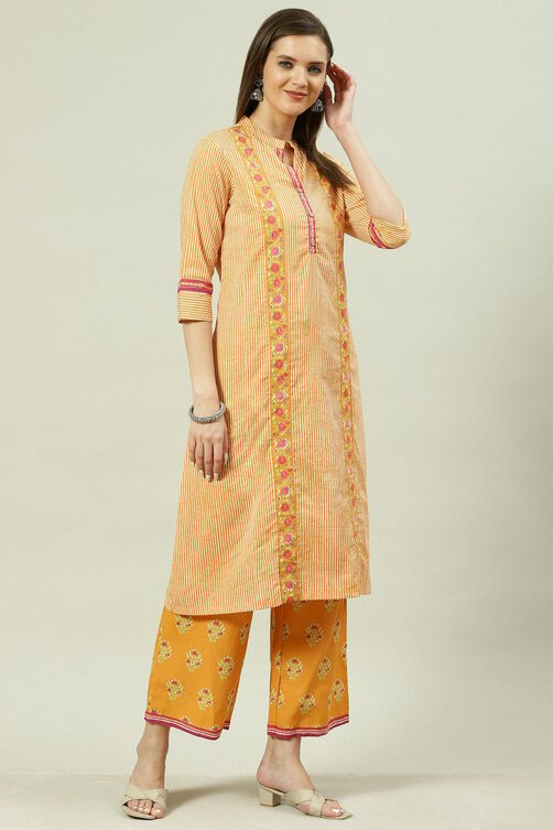 Yellow Printed Cotton A-Line Kurta Palazzo Suit Set image number 5