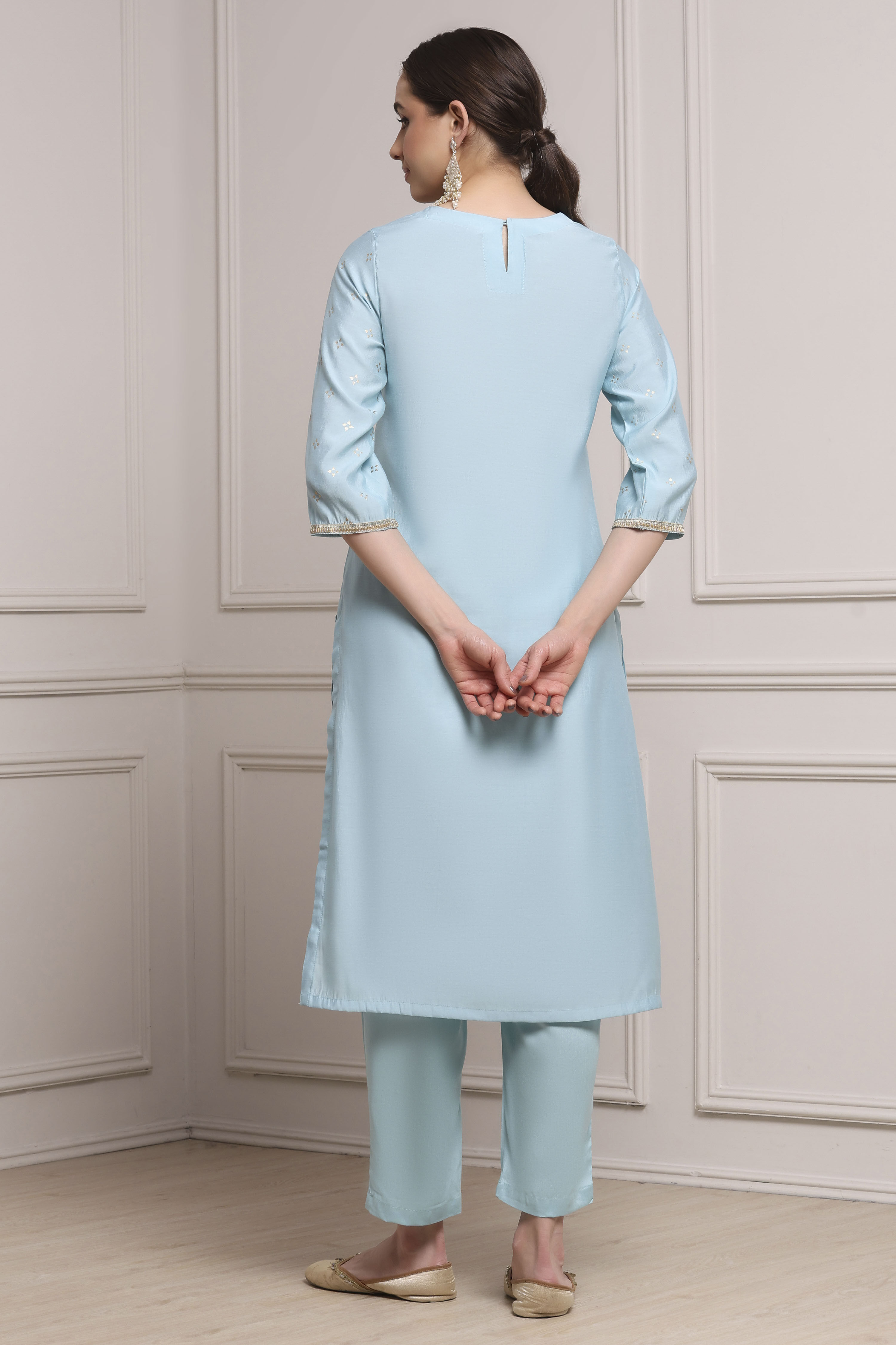 Aqua Viscose Blend Printed Straight Suit Set image number 4