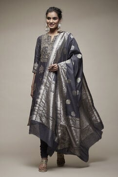Charcoal Grey Silk Blend Straight Suit Set image number 1