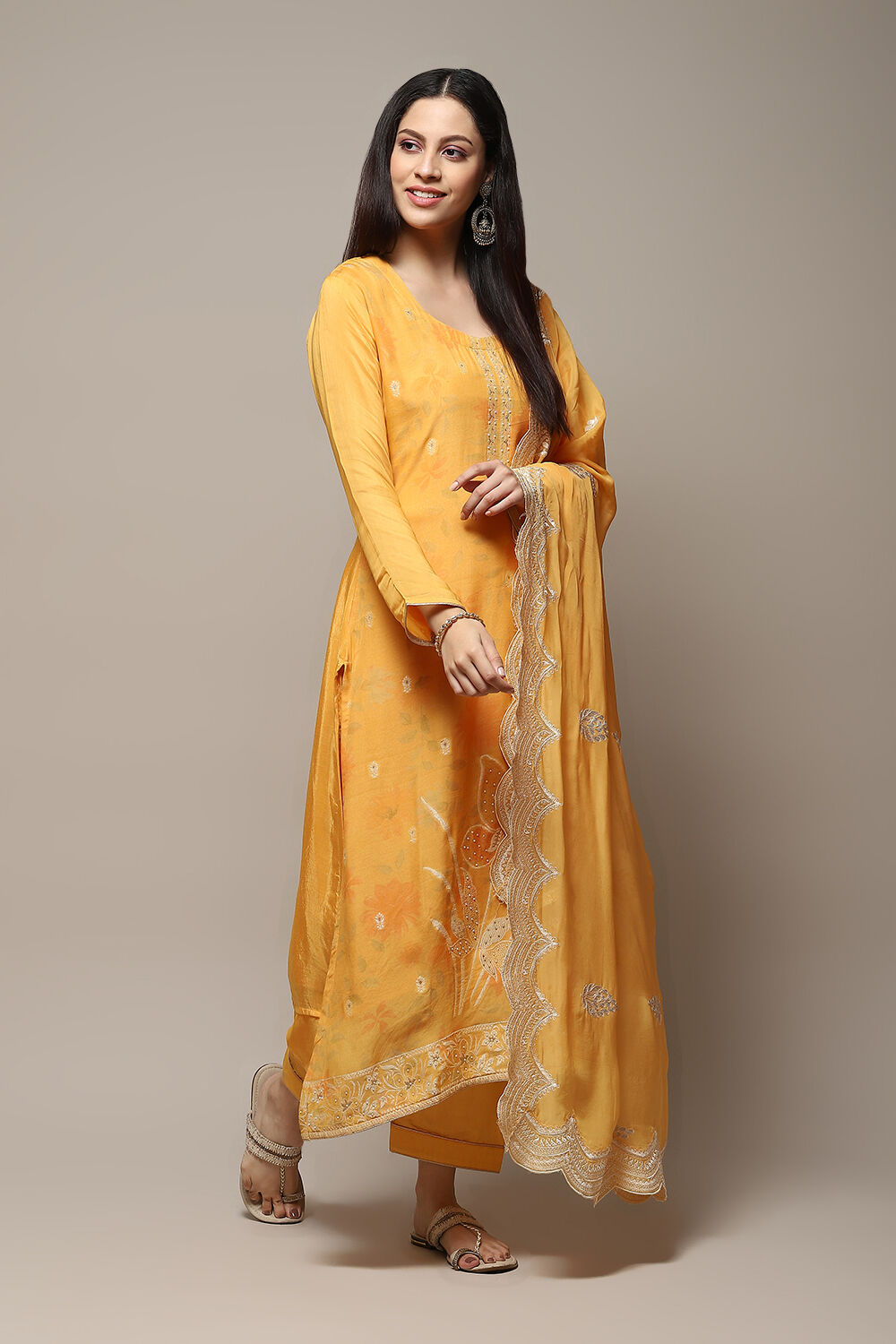Mustard Linen Blend Digital Print Unstitched Suit Set image number 7