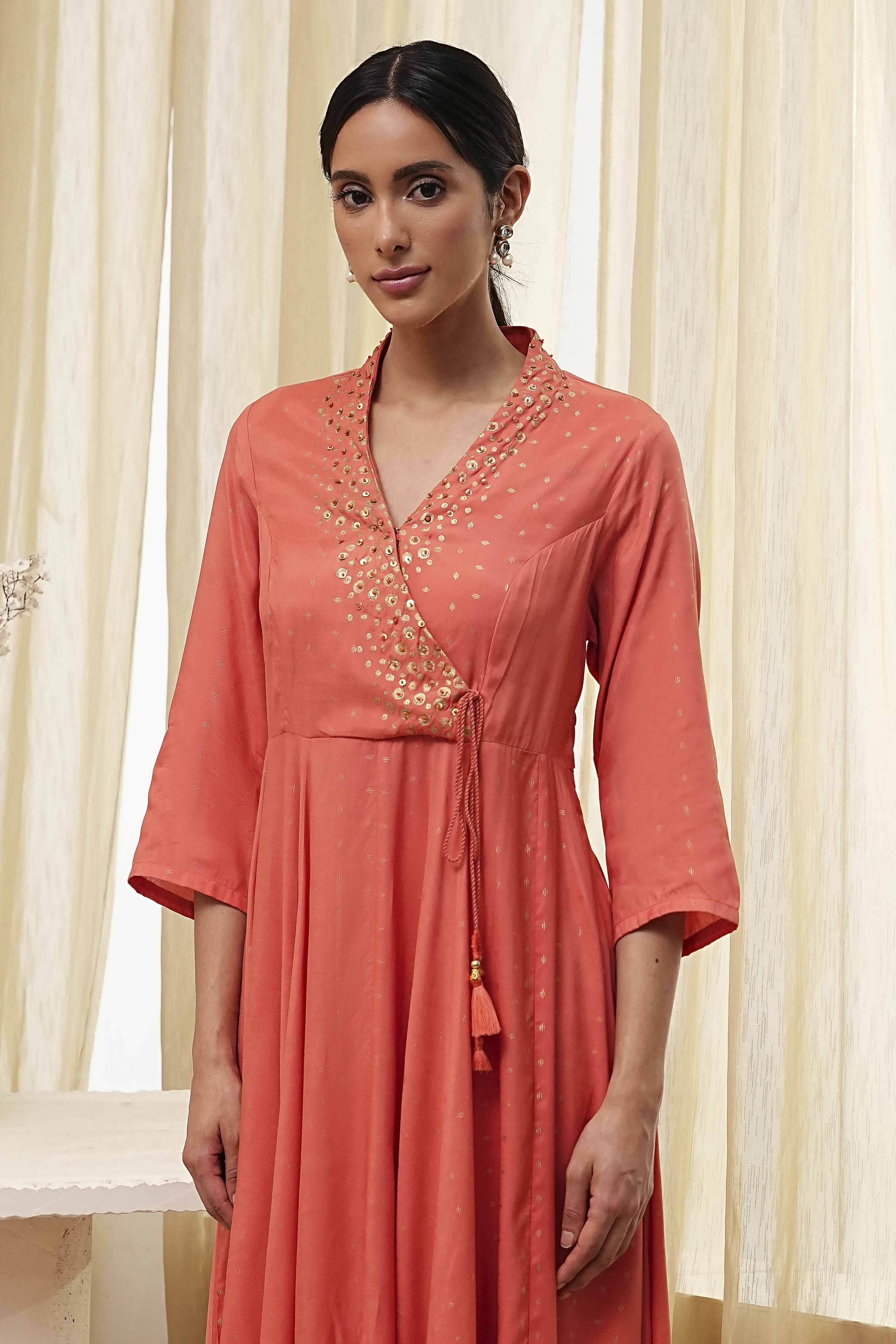 Peach Modal Printed Angrakha Anarkali Suit Set image number 1