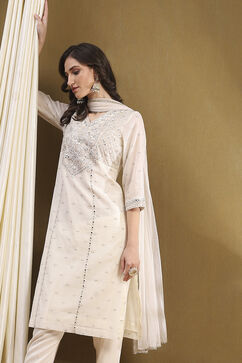 Off-white Poly Chanderi Embroidered Festive Straight Suit Set image number 7