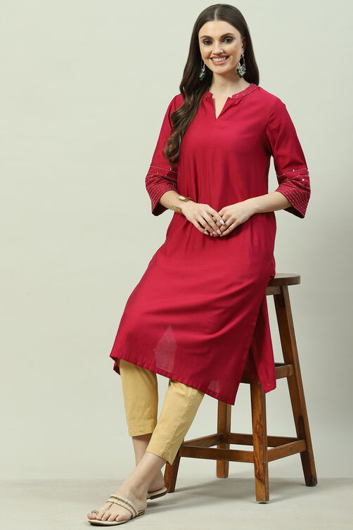 Berry Pink  LIVA Straight Yarndyed Kurta image number 0