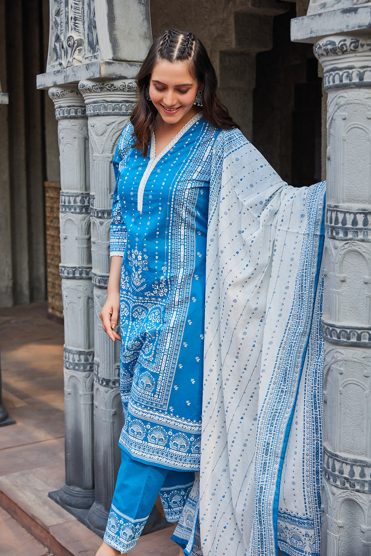 Blue Cotton Printed Straight Kurta & Pants Suit Set