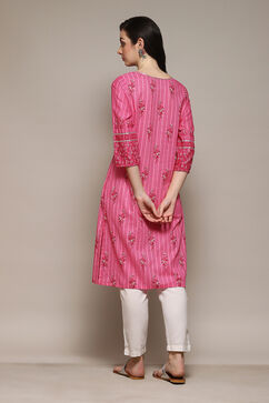 Pink Cotton Straight Printed Kurta image number 4