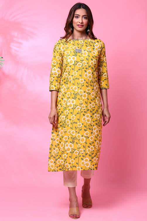 Black Cotton Straight Printed Kurta image number 1