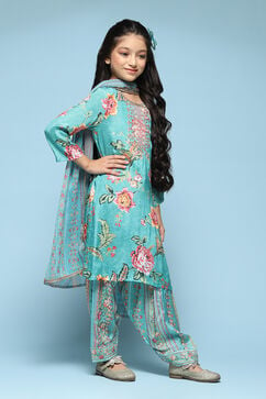 Turquoise Viscose Straight Printed Kurta Salwar Suit Set image number 6
