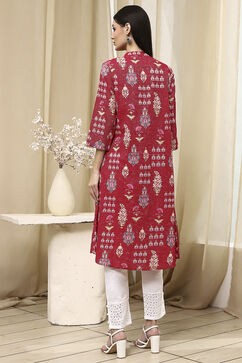 Pink Cotton Printed A-Line Kurta image number 3