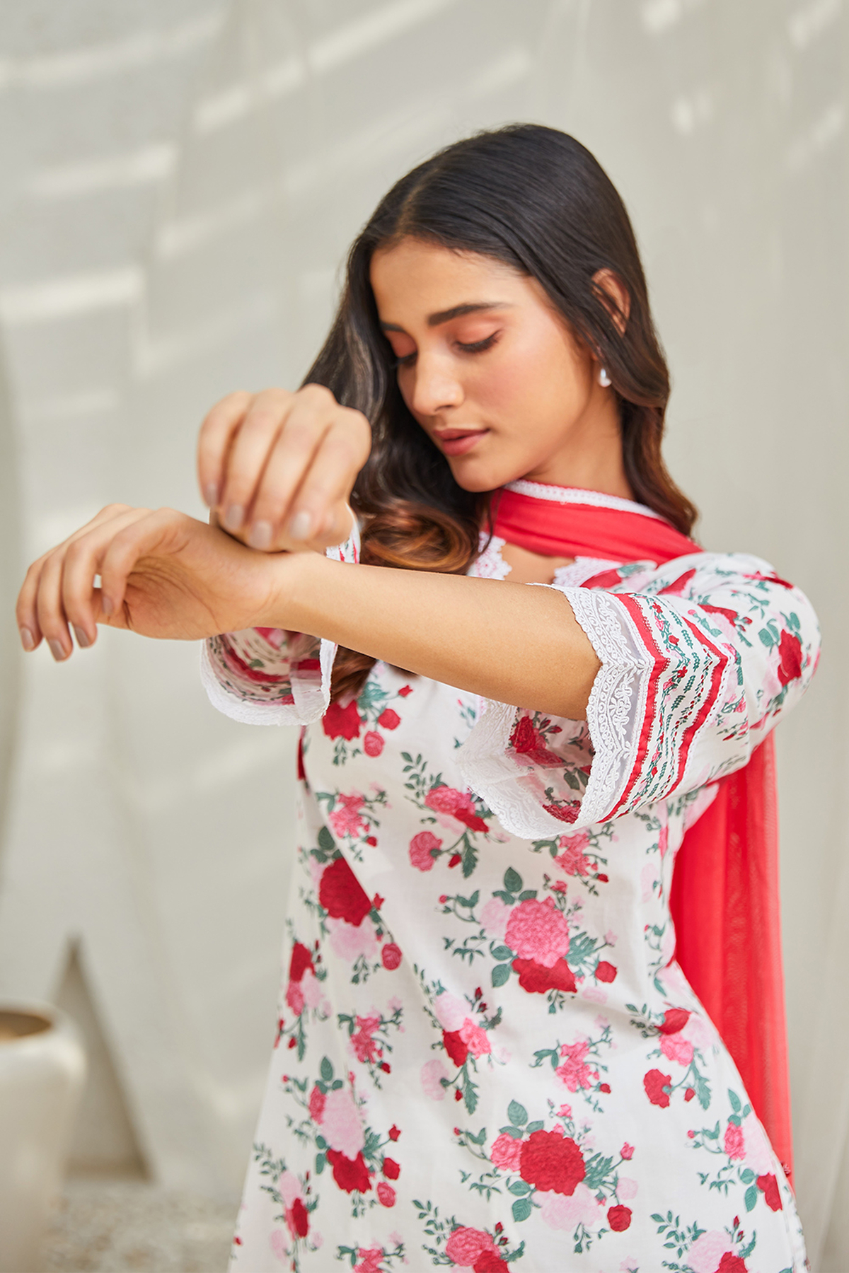 Off-White Cotton Printed Kurta & Palazzo Suit Set